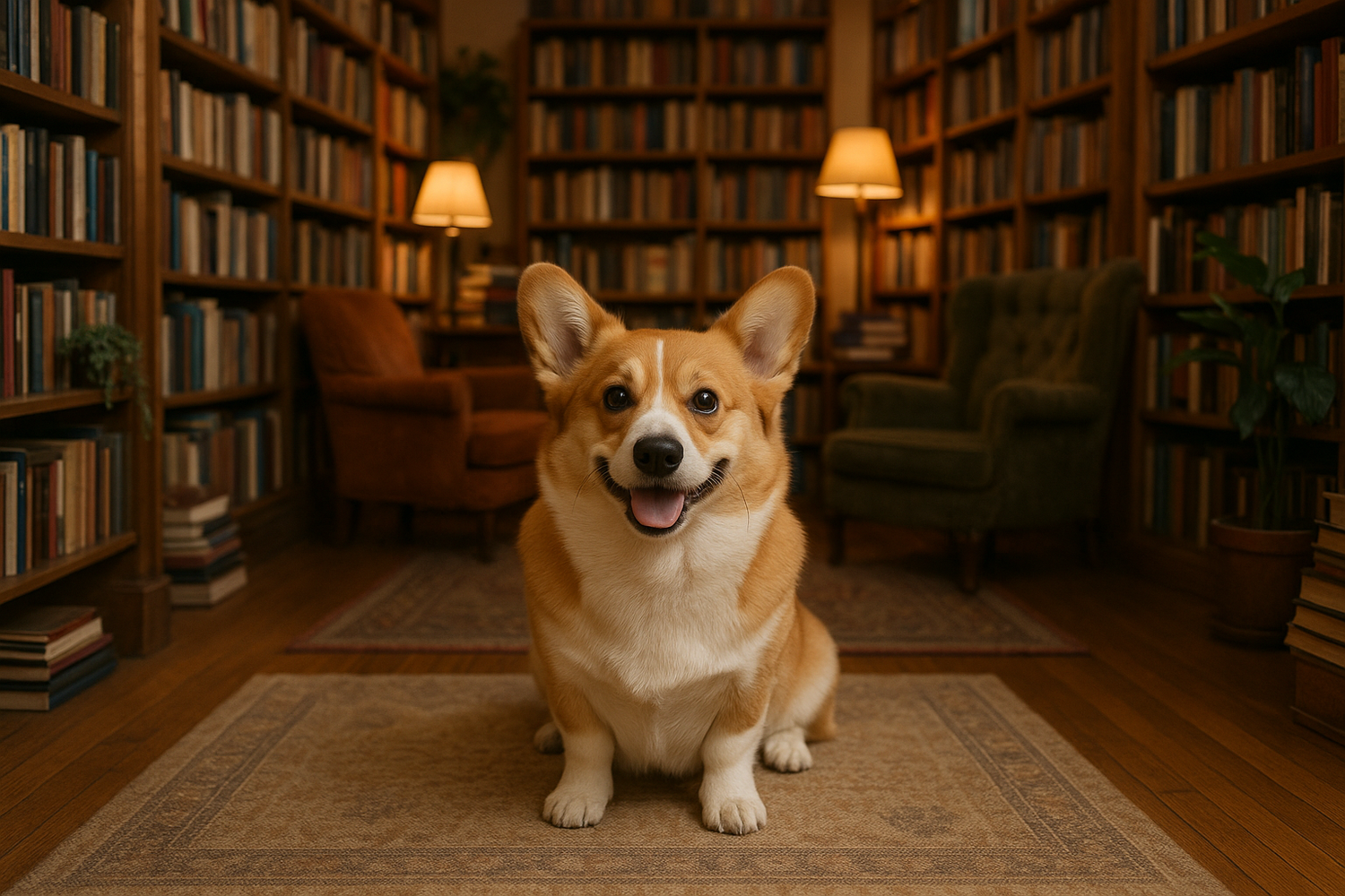 Corgi in a cozy bookstore